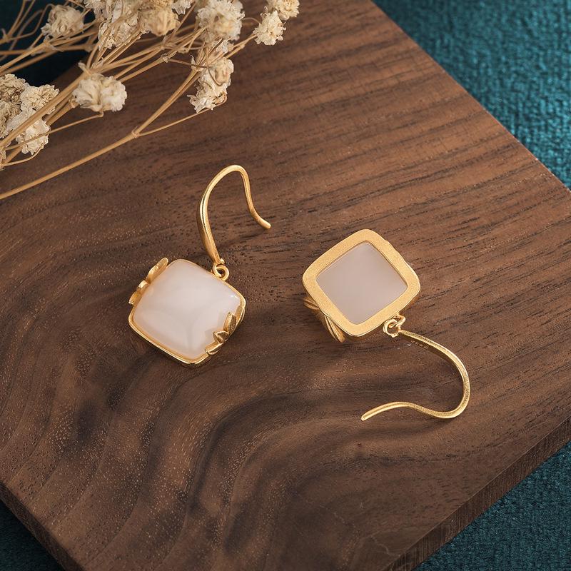Chinese Court Style Bamboo Leaf Stud Earrings with White Jade for Women - Retro Dangle Design
