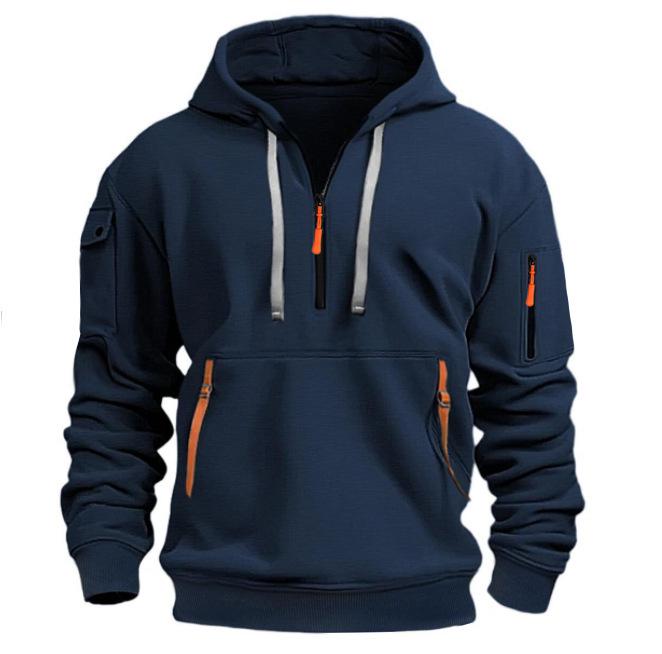 European Men's Fleece-Lined Hooded Jacket with Multi-Zipper Pockets for Autumn/Winter