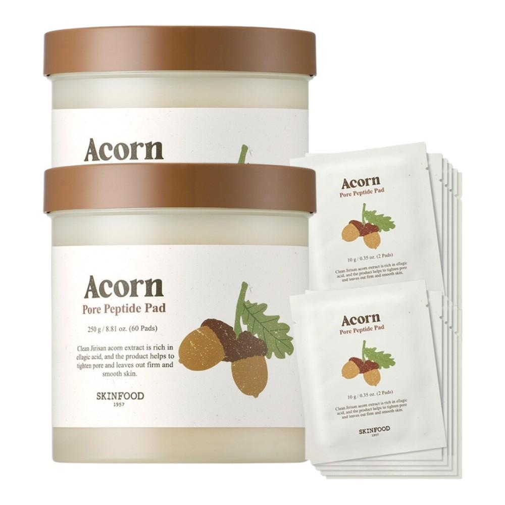 SKINFOOD Acorn Pore Peptide Pad Set (250g/60 Pads + 10g x 12 Portable Pads) x 2-Pack - Firming & Pore Tightening Korean Toner Pad Bundle
