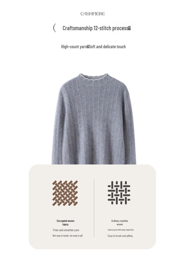 Women's Cashmere Knit Sweater: Retro Slim-Fit, Half-High Collar, Versatile Solid Color for Autumn & Winter.