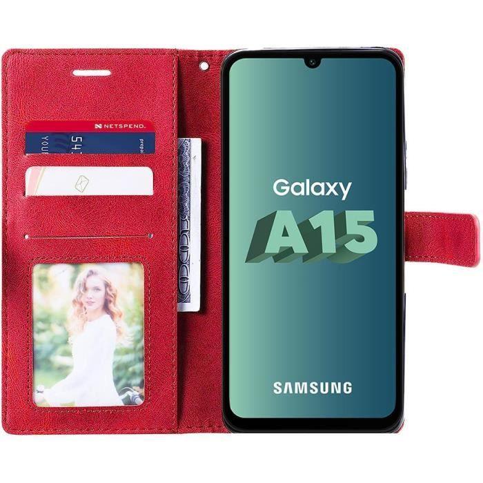 Coque pour Samsung Galaxy A15 4G-5G - Antichoc - 2 Verres Trempés - Poche à Cartes - Béquille Réglable - Rouge