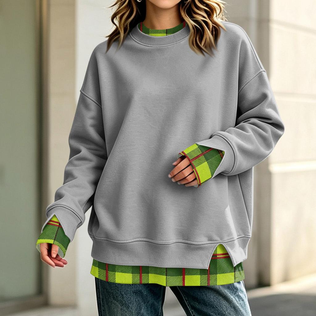 Women's Long Sleeve Mock Two-Piece Sweatshirt Loose Fit Casual Pullover