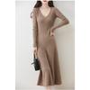 Autumn and Winter New V-neck Thin Medium and Long Knitted Dress Women's Solid Color Temperament Simple Inside with a Bottom Sweater Skirt