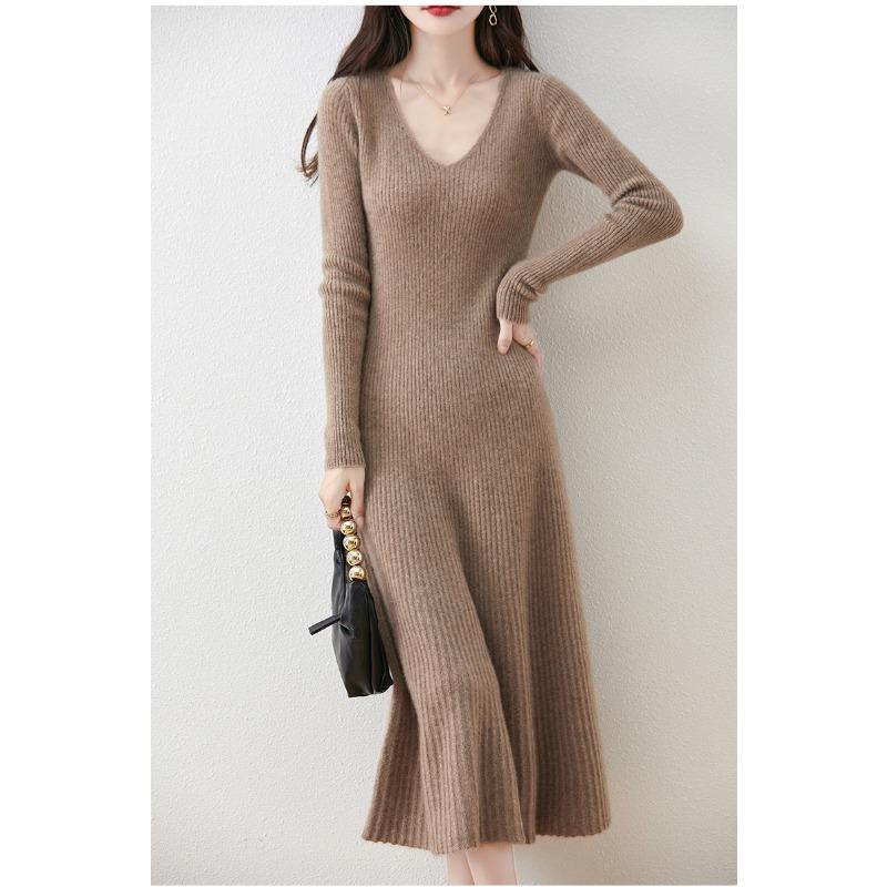 Autumn and Winter New V-neck Thin Medium and Long Knitted Dress Women's Solid Color Temperament Simple Inside with a Bottom Sweater Skirt