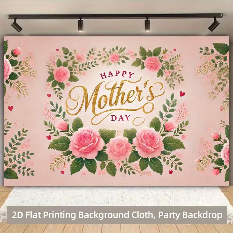 Elegant Mother's Day Backdrop, Soft Pink Rose Garland with Gold Script Text, Sweet Spring Party Wall Decor