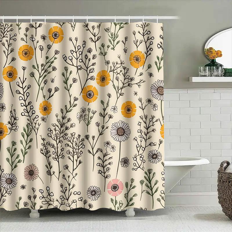 Yellow Flower Bath Curtain Set Shower Decor Vintage Print Modern Home Decor Shower Curtain 3D Printing Waterproof Fabric Bathroo