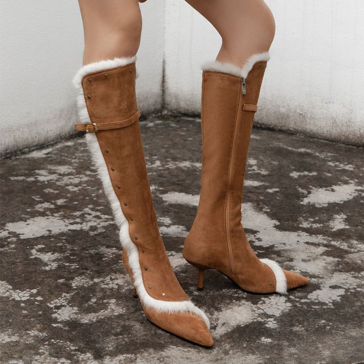 

Maillard boots women s 2025 new winter temperament pointed thin high-heeled velvet brown high-heeled boots women 40