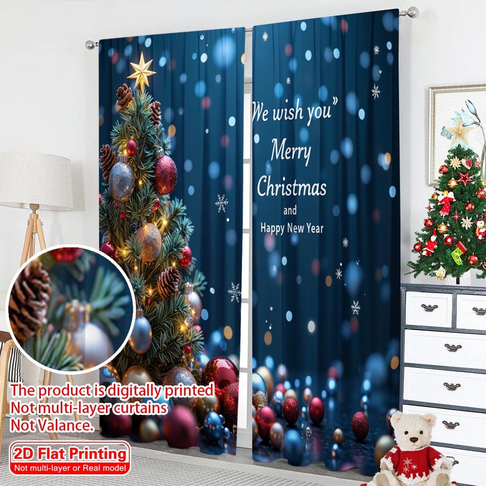 2pcs 2D Flat Printing Merry Christmas Scene Curtains Merry Christmas Happy New Year Polyester Without Electricity Party