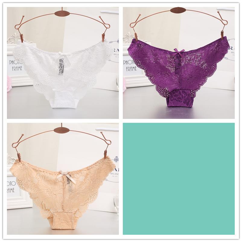 3pcs/lot Women's Sexy Hollow Lace Low Waist Triangle Panties Ruffle Edge Bow Underpants
