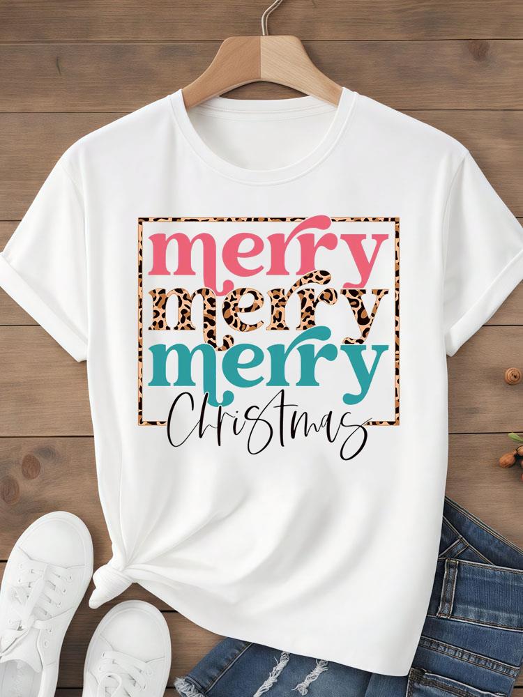 (Asian Size) Tee Top festival  Merry Christmas tree style happy  New Year Holiday Women Print Lady Short Sleeve Fashion Graphic T-shirts