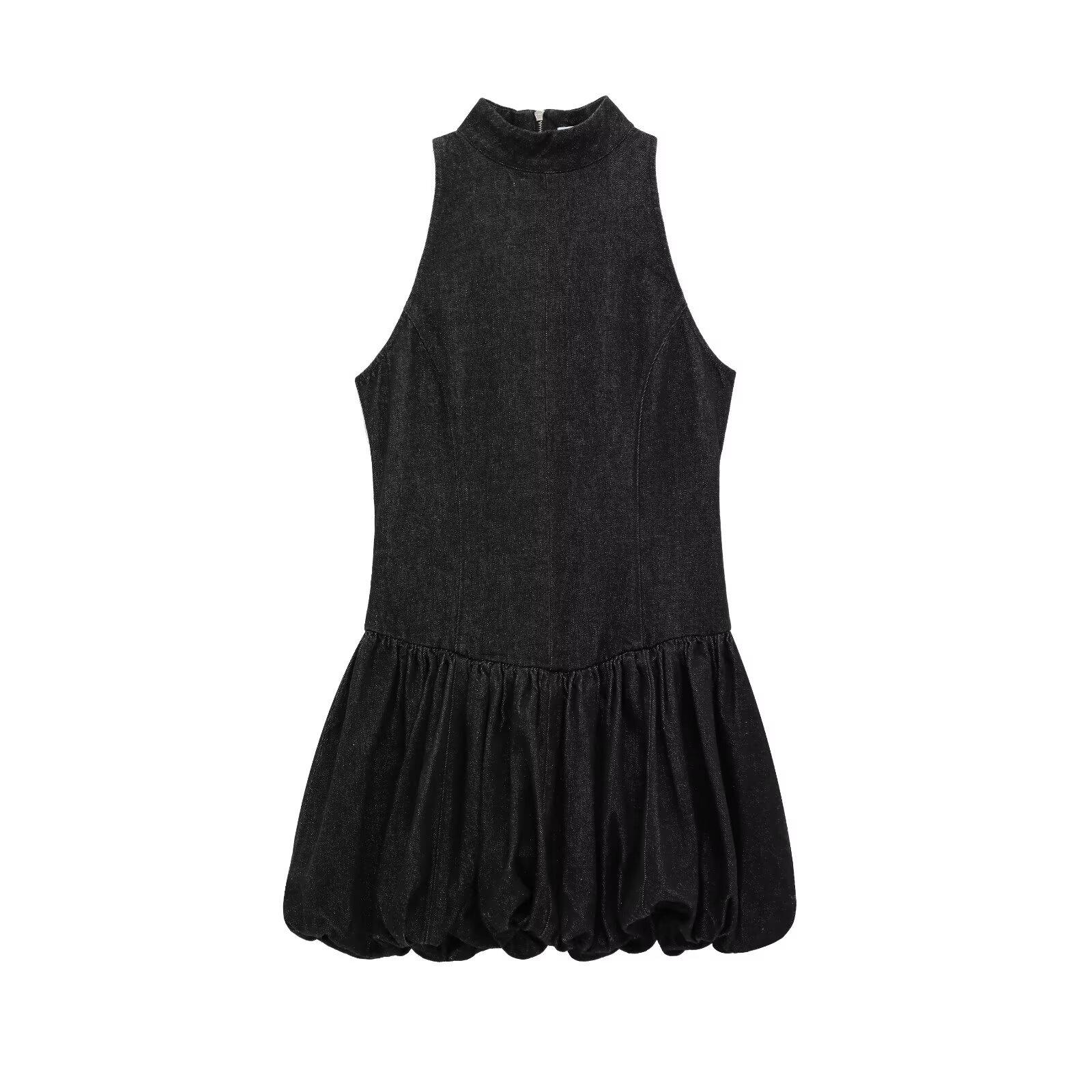 

2025 Women s New Year Black Balloon Silhouette Sleeveless Denim Mini Dress Small чёрный