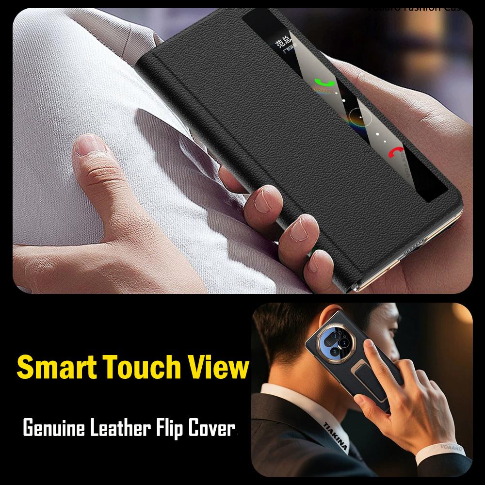 Smart Touch View Genuine Leather Flip Funda for Honor Magic V5 Case for Honor Magic V5 Case Magnetic Wristband Kickstand Cover