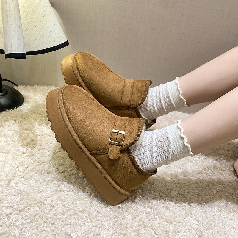 Women's Cow Suede Snow Boots Winter New Sleeve Belt Buckle Platform Non-Slip Cotton Boots