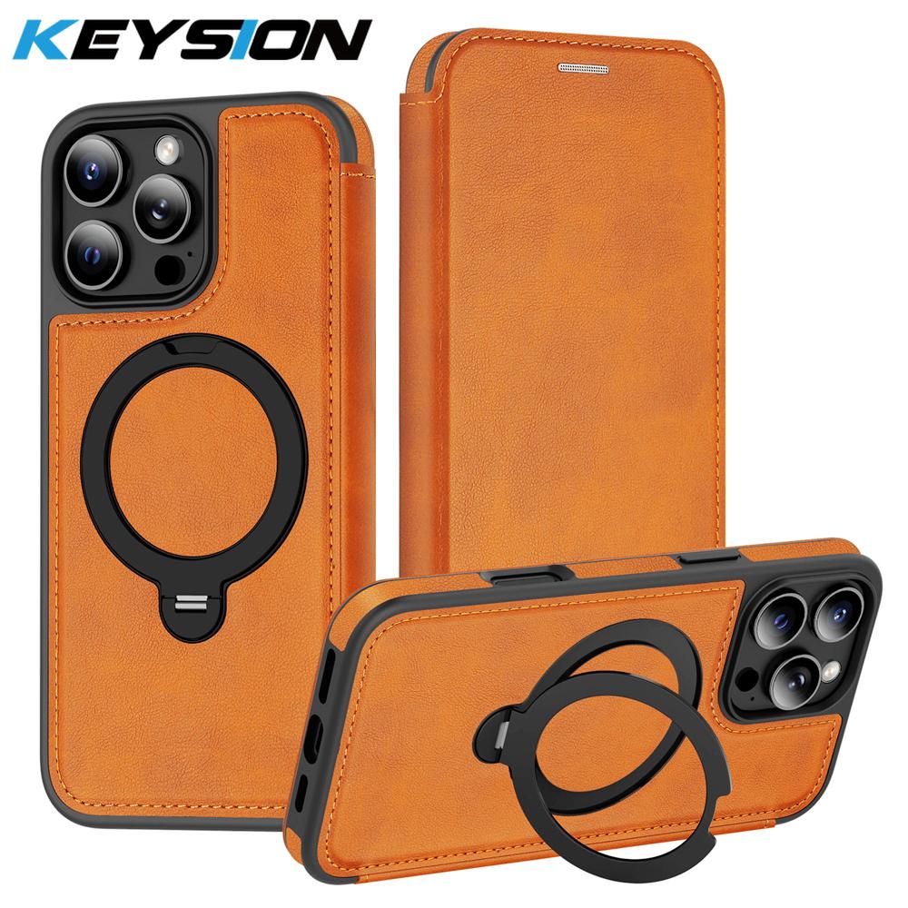 KEYSION PU Leather Flip Wallet Case for iPhone 11 12 13 14 Pro Max 14 Plus Cards Slots Magnetic 360 Ring Stand Phone Back Cover