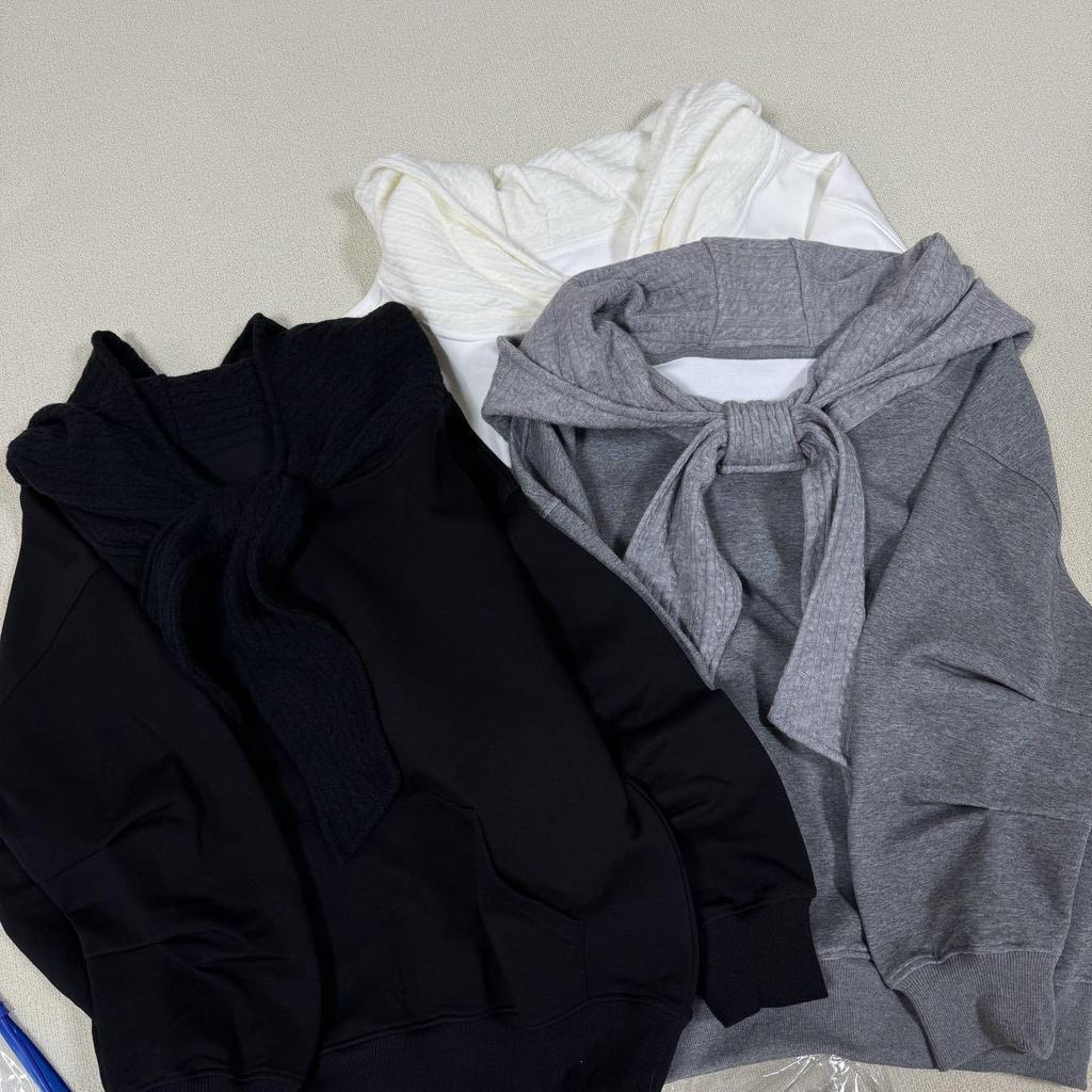 In Stock: Li Ruian Korean-Style Niche Lazy One-Shoulder Bowknot Fleece-Lined Hooded Sweatshirt