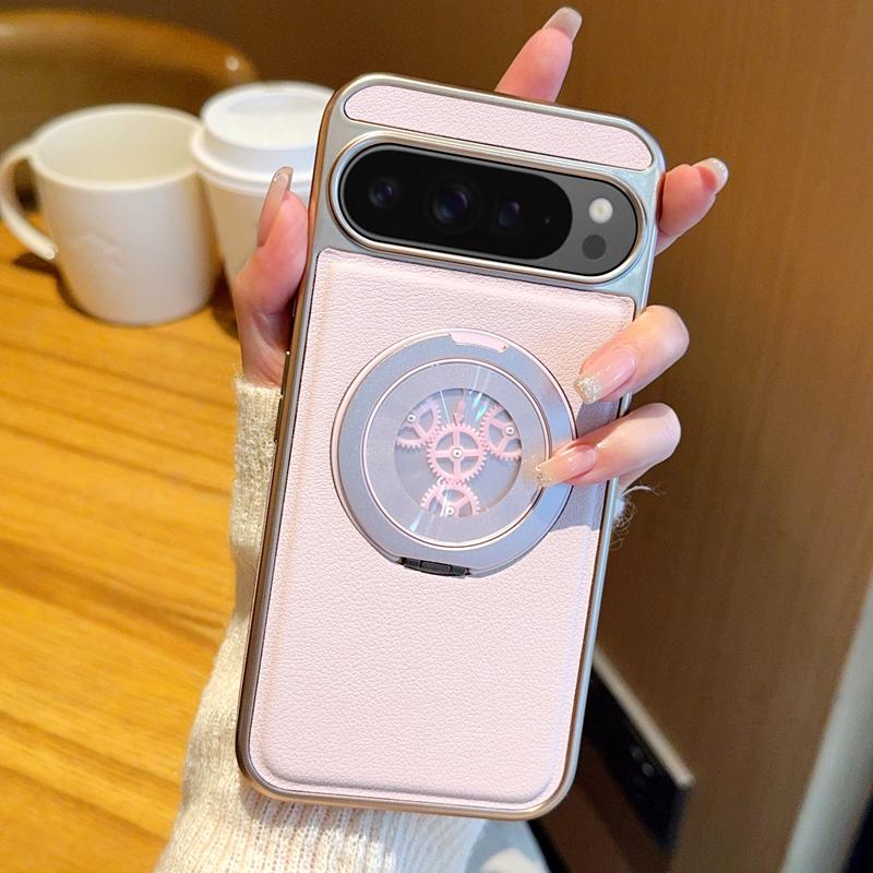For Google Pixel 9 Pro XL Magnetic Case Rotating Kickstand Gear Stress Relief Leather Phone Back Cover