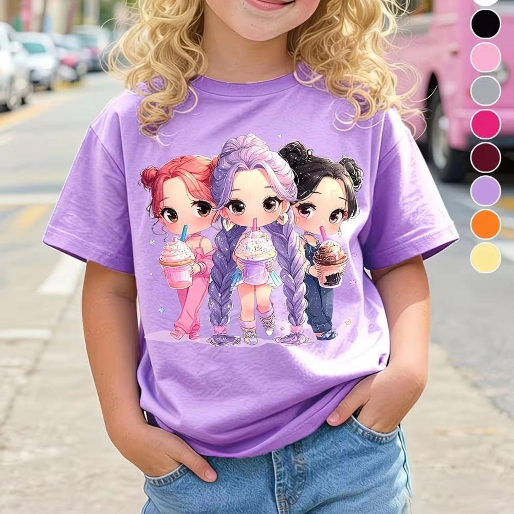 Children's Kpop Popular Cartoon Print T-Shirt Tops Clothing Design Casual Harajuku Style Round Neck Short Sleeve Girl Clothing