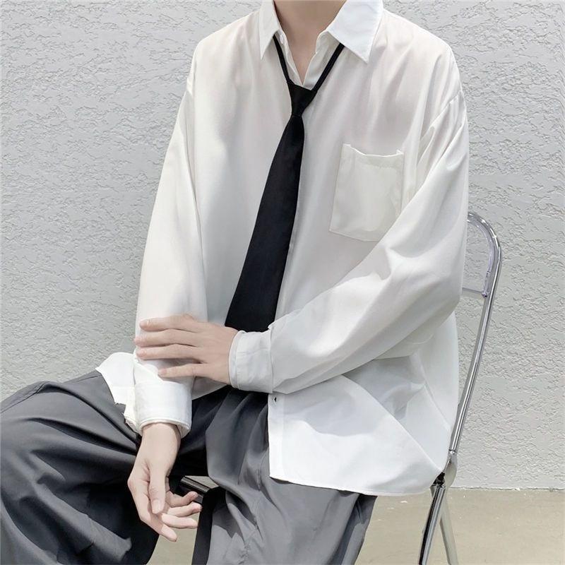 Men's Solid Color Shirt Male Turn Down Collar Black Tie Long Sleeved Shirt New Korean Style Loose Casual Comfortable Top