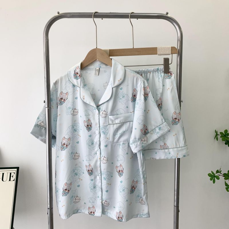 Japanese Cute Mikko Pajamas Women's Summer Artificial Silk Short Sleeve Summer Thin Sweet Silk Homewear