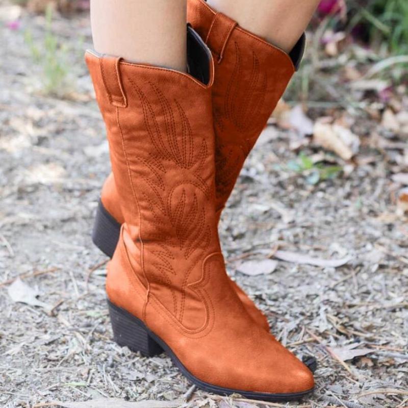 Fashion Women's Winter Boots Pointed Toe Comfortable Faux Suede Mid-calf Boots Woman Square Heel Knight Boots Plus Size 43 Women Shoes
