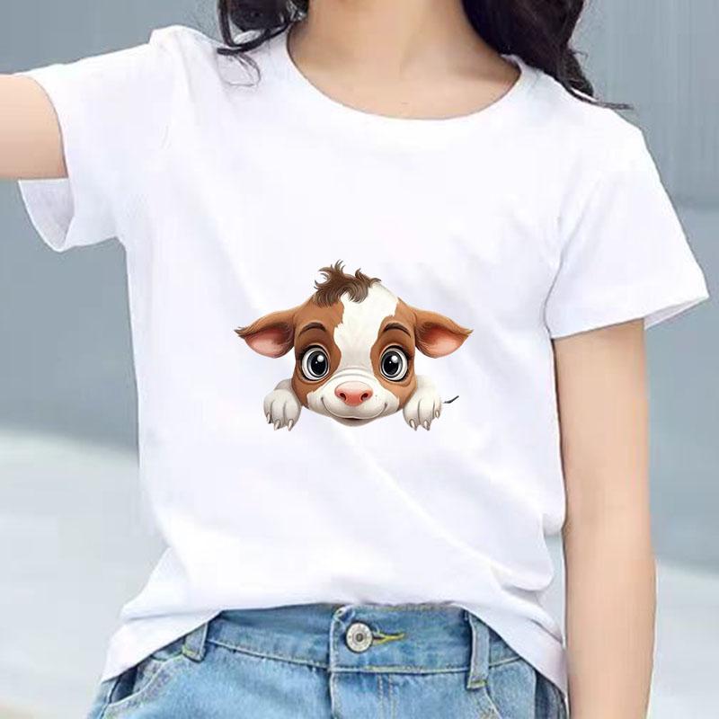 Kids Cotton T Shirt Light Brown Baby Cow Peeking Print Crew Neck Short Sleeve Tee Casual Boys Girls Summer Tops