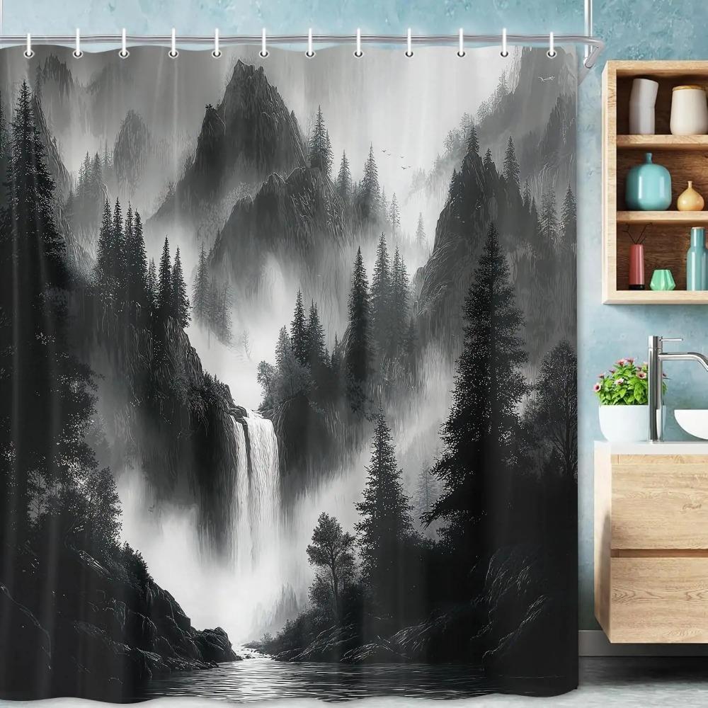 Black Modern Printed Shower Curtain Dark Grey Misty Forest Waterfall Nature For Bathroom Decor