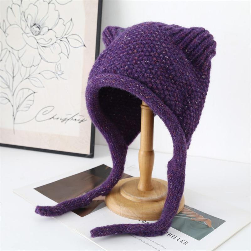 Winter new women's ear protectors headgear warm lace-up Lei Feng hat student solid color simple knitted hat