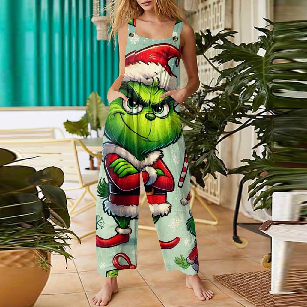 Dámská móda Vánoční potisk Ležérní Retro Bez rukávů Knoflíkový overal