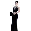 Women's French temperament mesh stitching diamond-bound velvet dress