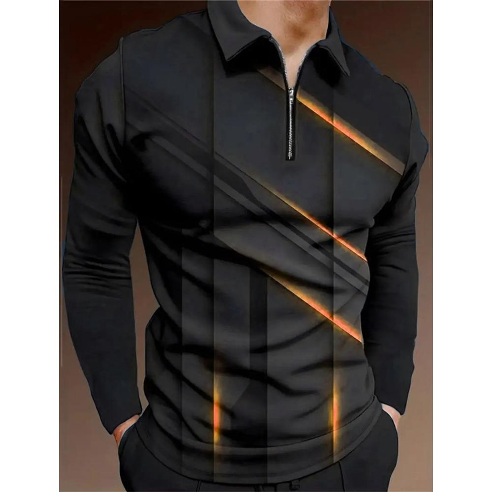 Spring and Summer Fashion Striped Casual Lapel Long Sleeved Shirt with 3D Digital Printing Zipper Polo Shirt for Men