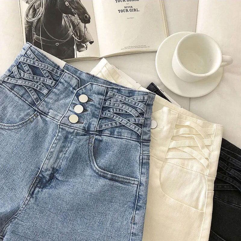 Shorts en jean stretch taille haute pour femme - Fermeture boutonnée Coupe ajustée Jambe droite Pantalon d'été Hot Pants