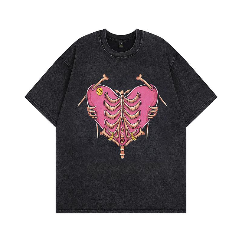 New loose trendy brand American retro high street short-sleeved heavy vintage washed old couple half-sleeved t-shirt