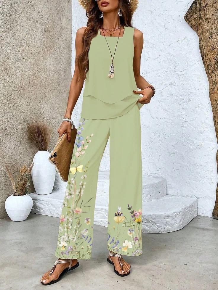 European and American new 1D printing women's fashion sleeveless trousers suit spring and summer women's suit