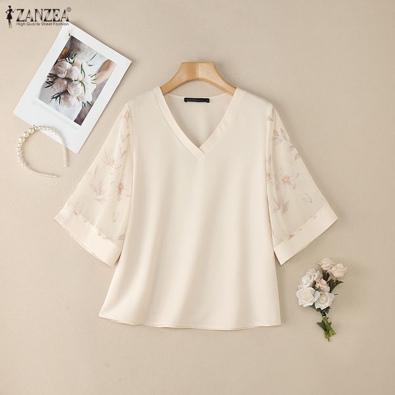 ZANZEA Women Casual Print Splice Short Sleeve Loose V-Neck Blouse