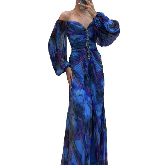 Women Evening Dress Off Shoulder Rhinestone Decor Pleated Long Lantern Sleeve Split