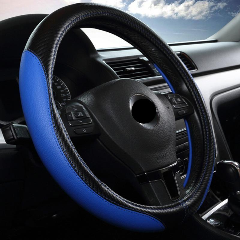 

Чехол на руль из углеродистой кожи, черный, синий, автомобильные чехлы на руль, чехол для автомобильных колес, универсальный размер M 38 см, автомобиль синий