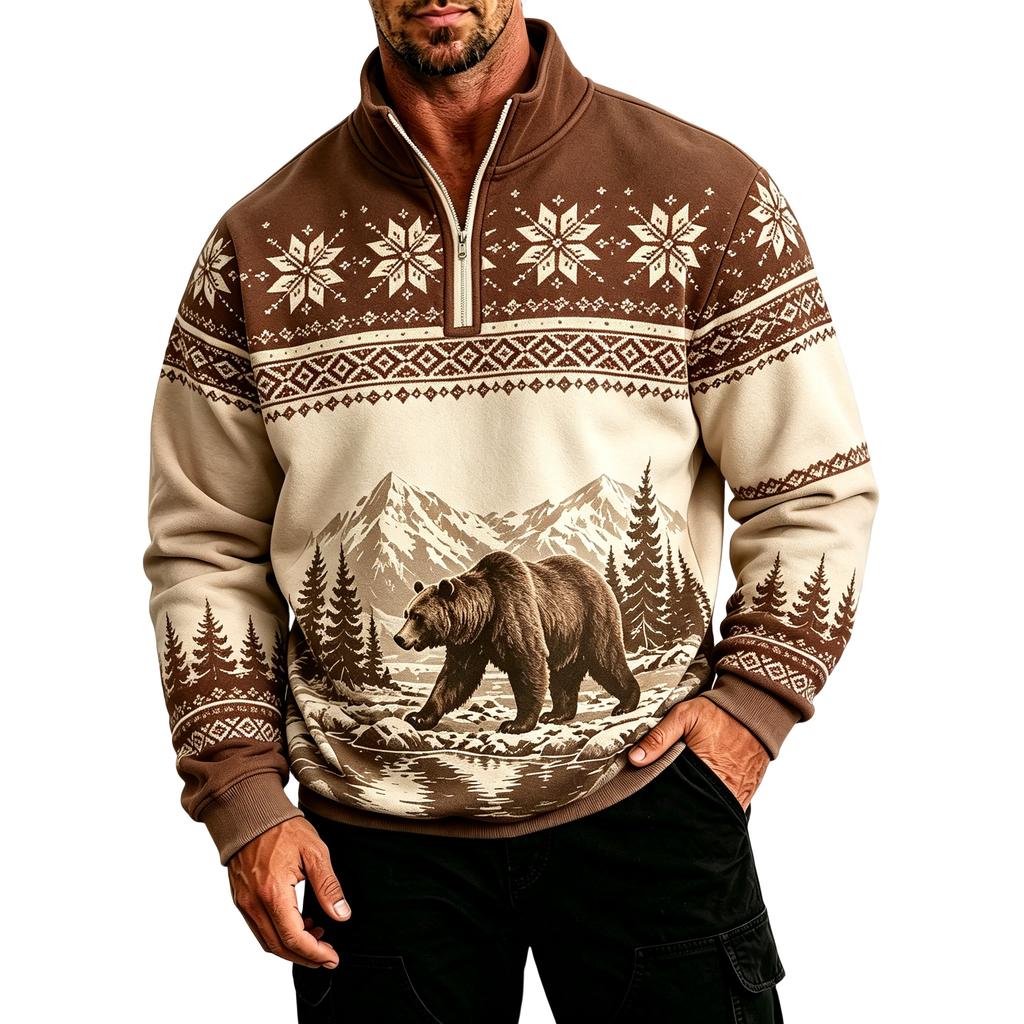 Men's Casual Zip-Up Sweatshirt, Stand Collar Long Sleeve Lined Athletic Top with Print