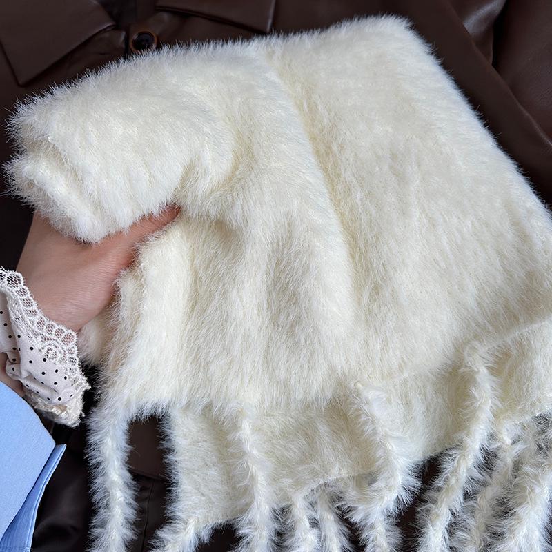 Luochi Knitting~Candy Color Plush Scarf: Soft, Skin-Friendly, Warm Tassels & Braids, Versatile Winter Neck Warmer for Women.