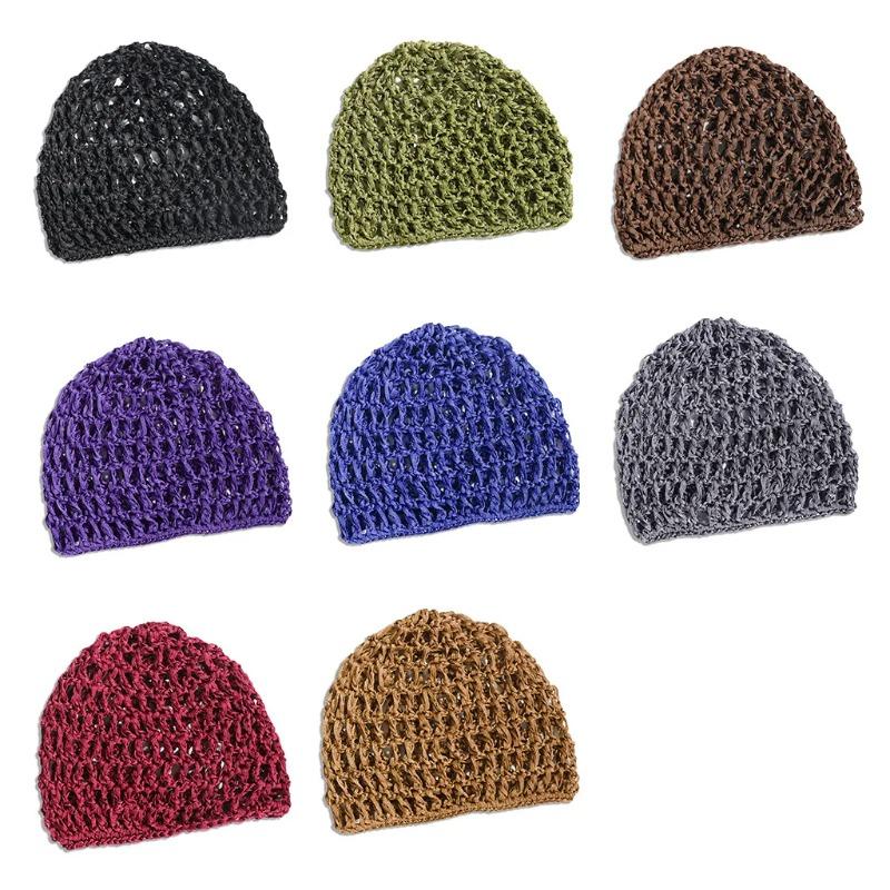 New adult hair cap hollow Baotou cap solid color knitted mesh cap tie hair fishing net turban cap