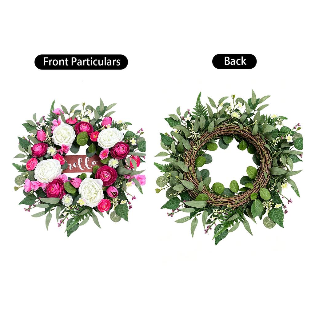 Corona de Flores Artificiales de Primavera 3D de 50 cm con Elementos Florales Mixtos y Vegetación para Pantalla Estacional en Interiores y Exteriores del Hogar