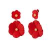 Red Retro Hong Kong Style Long Flower Earrings, Festive Mosquito Coil Ear Clips for Non-Pierced Ears