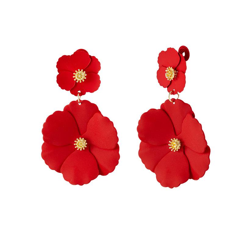 Red Retro Hong Kong Style Long Flower Earrings, Festive Mosquito Coil Ear Clips for Non-Pierced Ears