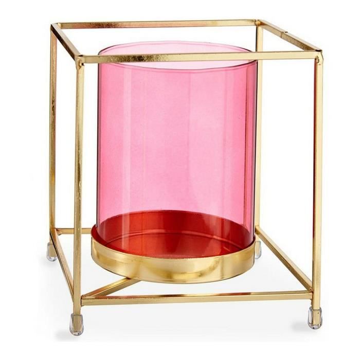 Bougeoir - Carré - Rose doré - Métal - Verre - 14 x 15,5 x 14 cm