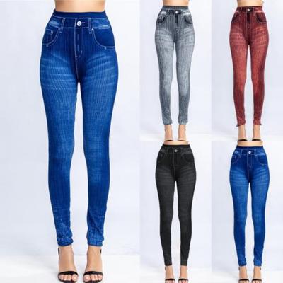 Leggings jeans imitazione stampati pantaloni corti skinny a vita alta da donna super elastici