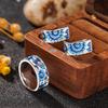 Silver Plated Blue & White Enamel Flower Pattern Ring, Vintage Turkish Art Inspired Band Ring for Women