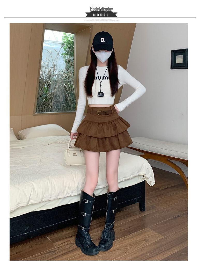 Air Layer Suede Plush High-Waisted Ruffle Short Skirt
