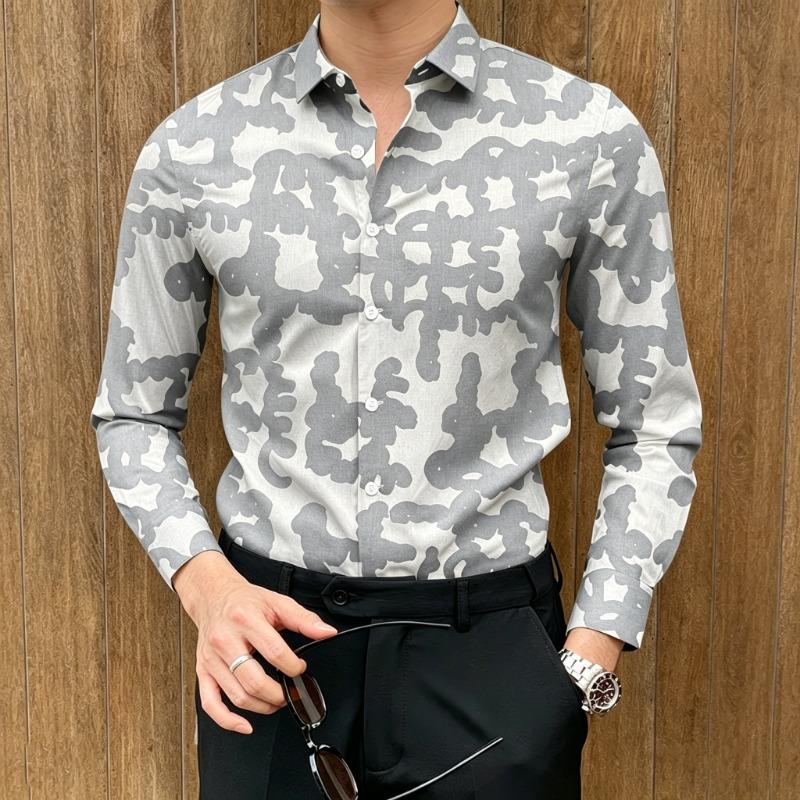 Men's Abstract Graffiti Print Long-Sleeve Shirt, Smooth Drape, Trendy Lapel Shirt, High-Street Luxury Versatile Men's Top