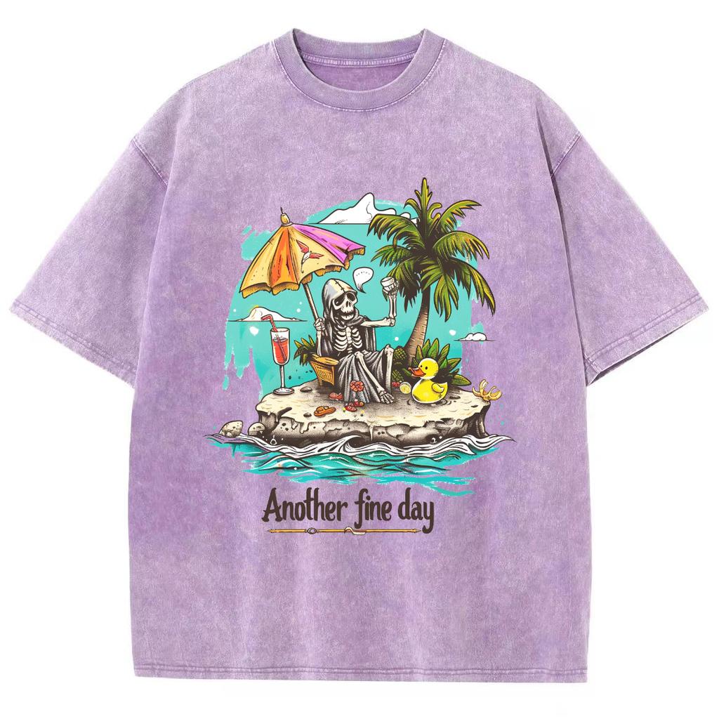 Beach Coconut Tree Skull Print Washed Denim Cotton T-Shirt Women's Black Short Sleeve Loose Oversized Travel Home