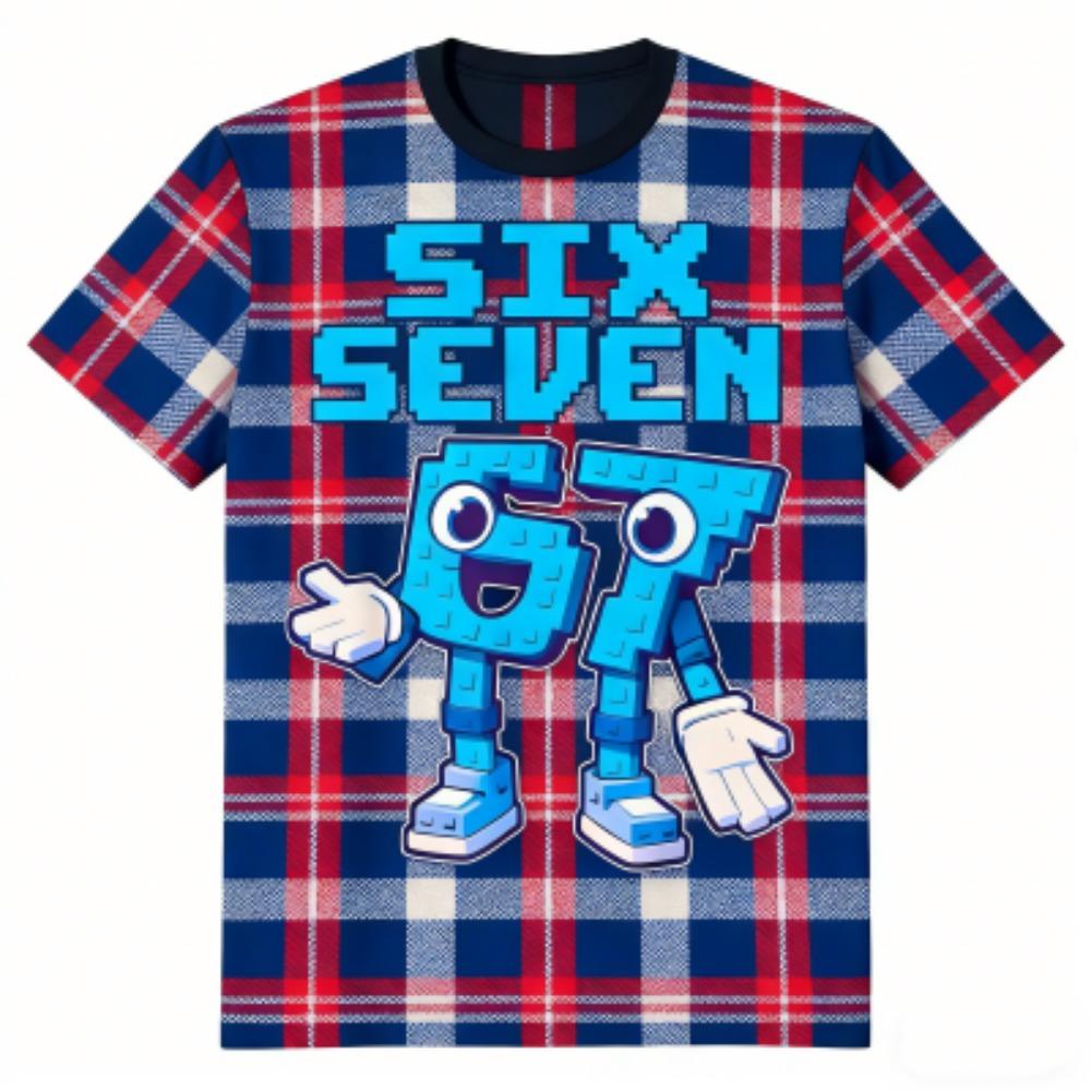 Fashion Kids T-Shirt 67 Six Seven Grid Print Boy and Girl Tees Top Summer Short Sleeve O Neck Casual Outdoor Kids Clothing