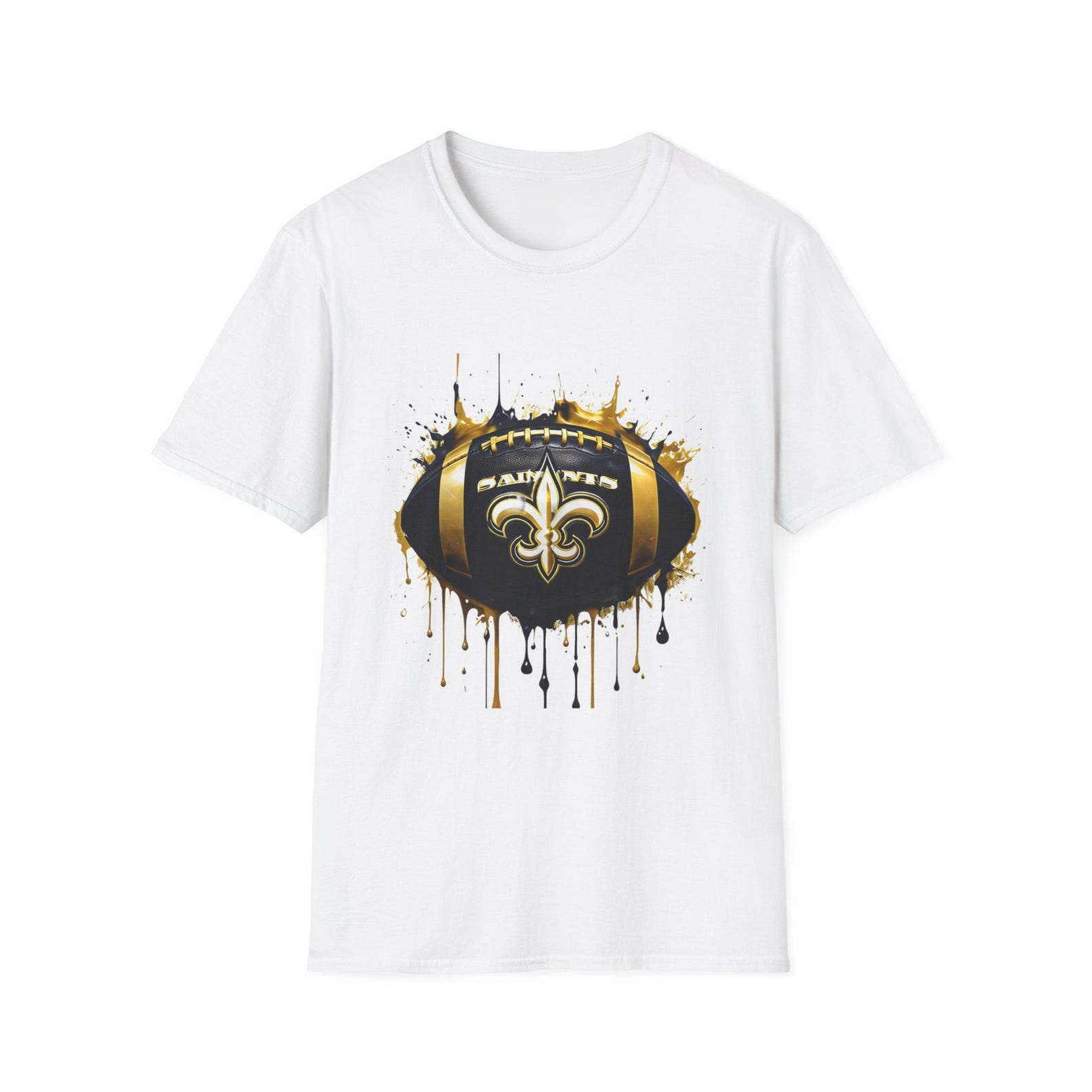 New Orleans Football Fleur-de-Lis Football T-Shirt | Black and Gold Drip Design 2XL